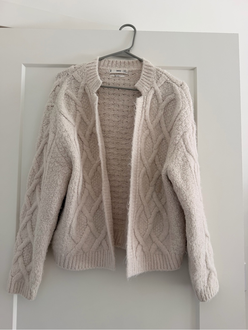 Mango Wool Blend Ivory Cable Knit Open-Front Cardigan